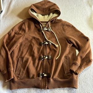Vintage Old Navy XL Brown Sherpa Lined Toggle Hoodie Fleece Jacket Duffle Coat